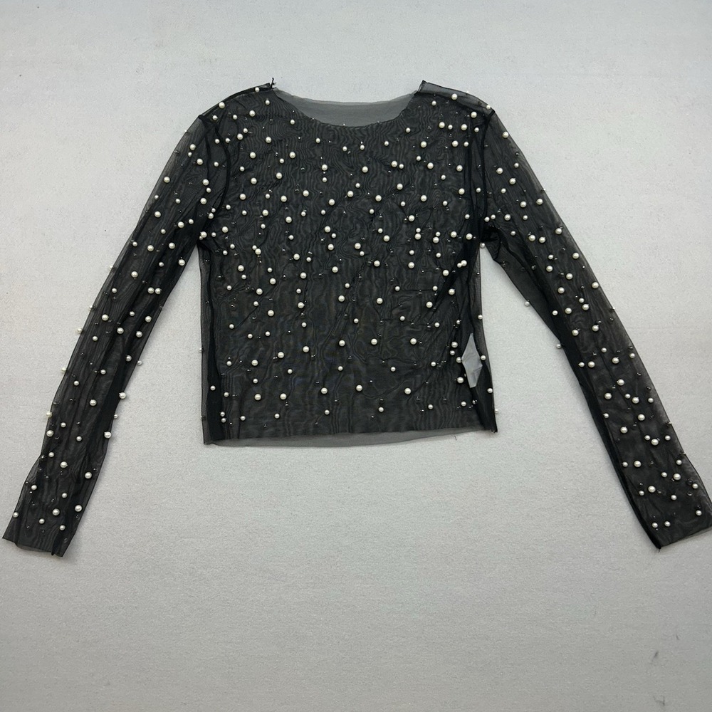 Sheer Mesh Pearl Beaded Top Long Sleeve Tulle Blouse Party See Through Sz M